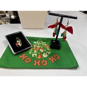 Holiday-Themed Earrings & Santa Pin Set With Festive Green Bag